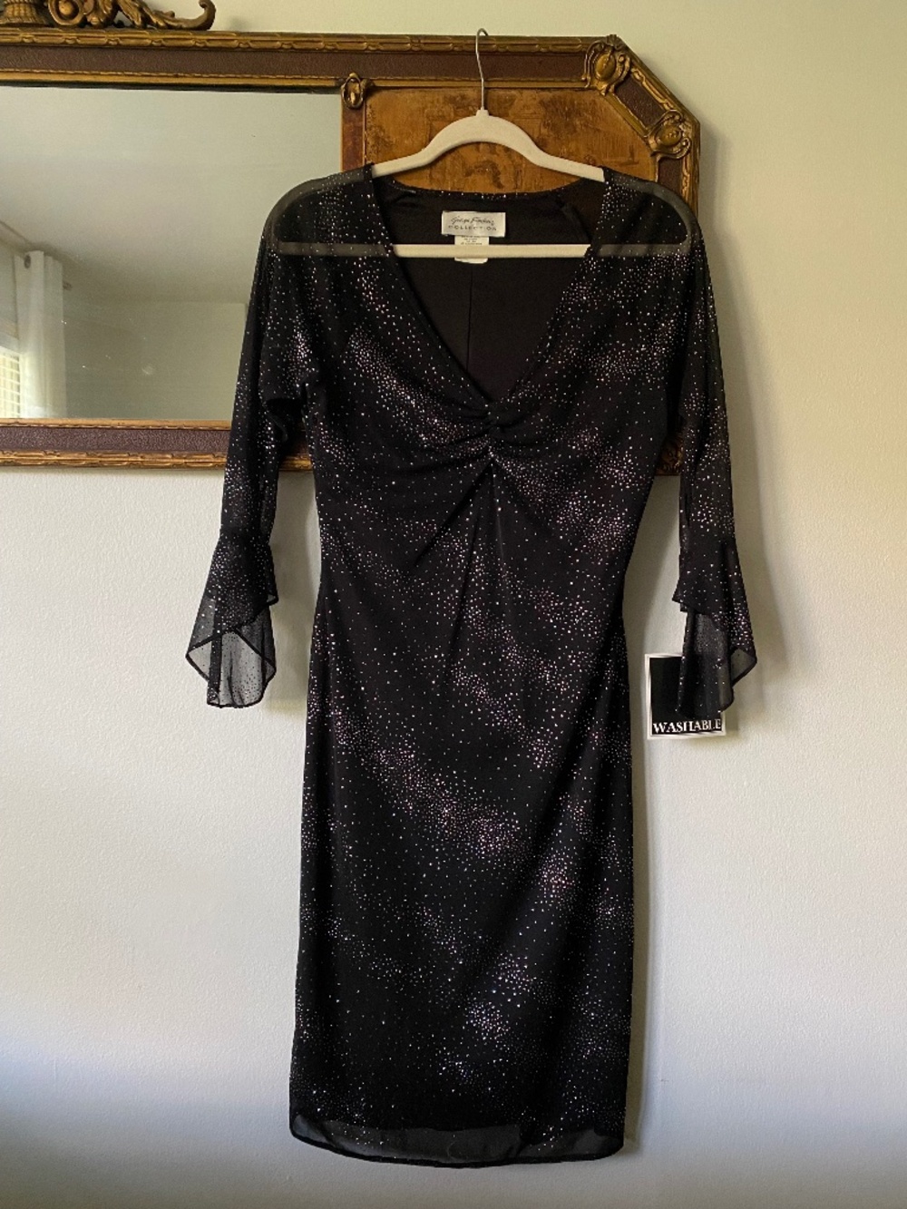 Vintage 1990s Black Glitter Bell Sleeve Midi Dress Fairycore Party Whimsygoth 8